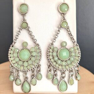 Green bead and silver tone metal chandelier earrings